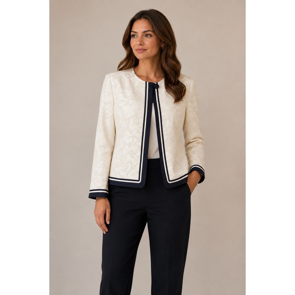 Adrianna Papell Silk Blazer Womens 14P Cream Navy Floral Damask Jacquard Jacket